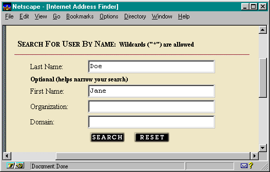 Screen shot of Internet Address Finder with form filled in